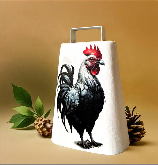 Cowbell, Hand Painted with a Black & White Rooster, 7