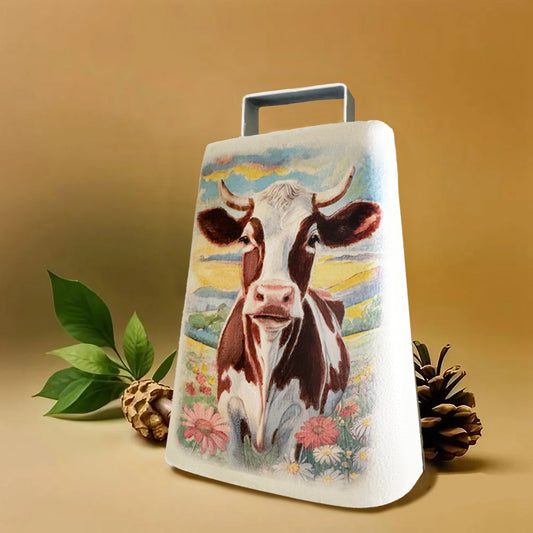 Cowbell, Handpainted by Artist Carol Landry, 'Brown & White Cow/Scenery'