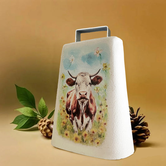 Cowbell, Handpainted by Carol Landry, 'Brown & White Cow in field of Yellow Daisy's