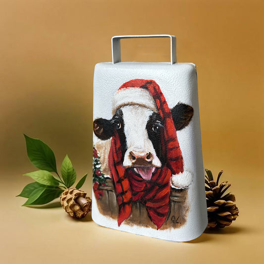 Cowbell, Christmas Cow, Hand Painted with a Red Plaid Christmas Scarf