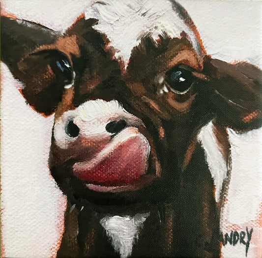 Cow Art, 'Baby Cow with Tonque Out', Painted by Artist Carol Landry