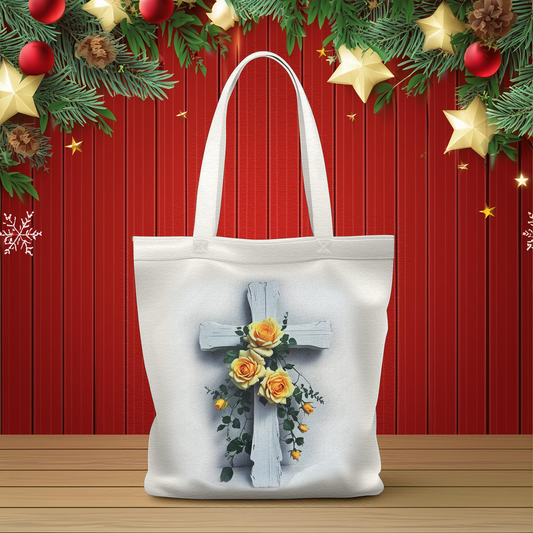 Tote Bag, Cross, Shabby Chic Cross with Yellow Roses, 13