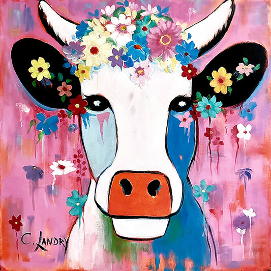 Cow Painting, 'Dreams of Flowers Cow' by Artist Carol Landry