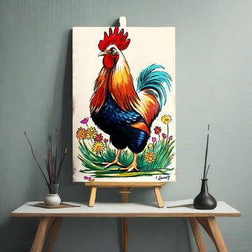 Folk Art Rooster Reproduction, 12"x 20" on a Wrapped Canvas by Artist Carol Landry