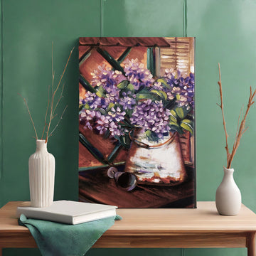 Artwork on a Copy Canvas, 'Junk Yard Lilacs' 8"x 12", Reproduction, by Artist Carol Landry