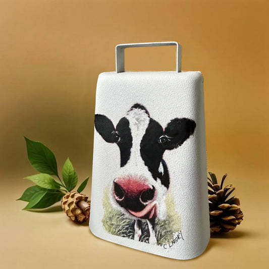 Cowbell, Hand Painted B&W Cow with Tongue Out,  by Artist Carol Landry