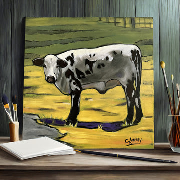 "Bring a touch of rustic charm to your home with 'Moo Moo #3,' a 12"x12" canvas reproduction that captures the playful spirit of farm life."