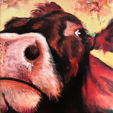 Cow Wall Art, 'Rainy Day Cow',  8"x 8" Copy on Canvas by Artist Carol Landry