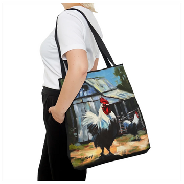 Tote Bag, 'Roosters in Front of Roosters Coup', on a 15"x 17" Tote Bag, Black Straps