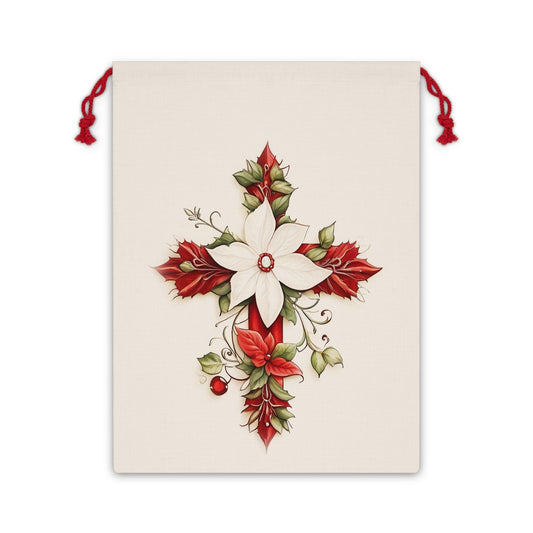 Gift Bag, Christmas with a Decorated Cross with Pointsettias