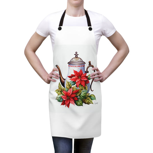 Apron with a Christmas Design on it, Coffee Pot with Red Pointsettia's