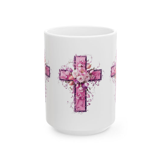 Ceramic Mug, (11oz, 15oz) with Decorated Pink Cross with Pink Roses on it
