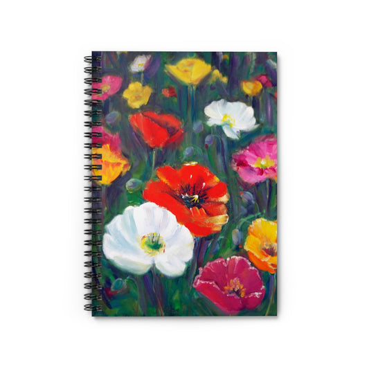Notebook, Spiraled - Ruled Line with a CAROL LANDRY poppies painting on it.