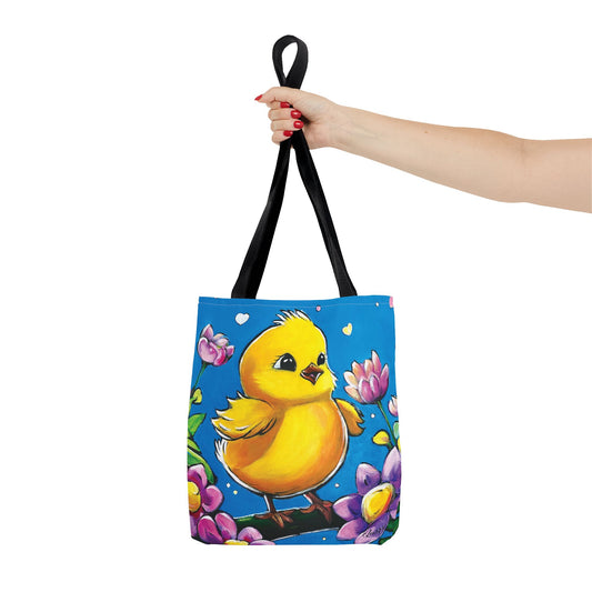 TOTE BAG WITH YELLOW CHICKIE DESIGN ON IT