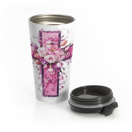 Stainless Steel Travel Mug with Pink Roses Cross Design on it.
