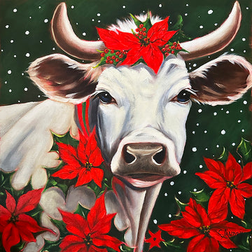 Christmas Cow, '2024 Christmas Cow', Painted by Artist Carol Landry, A Reproduction, 8"x 8"