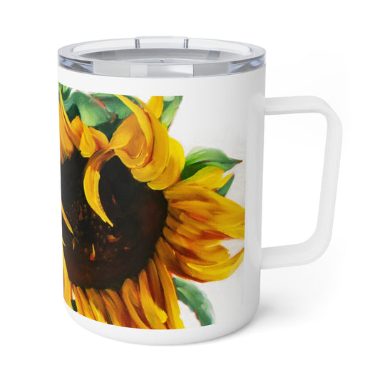 Insulated Coffee Mug, 10oz with Large Sunflower Painting on it by Artist Carol Landry