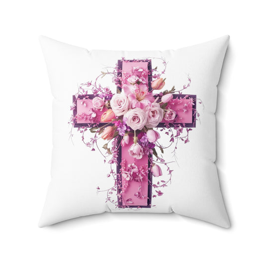 Throw Pillow with a Pink Decorated Cross with Pink Roses