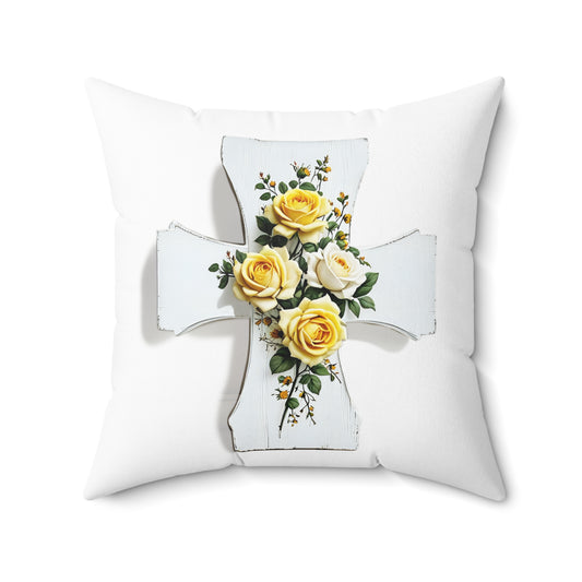 Throw Pillow, Square with a White Shabby Chic Cross with Yellow Roses Design