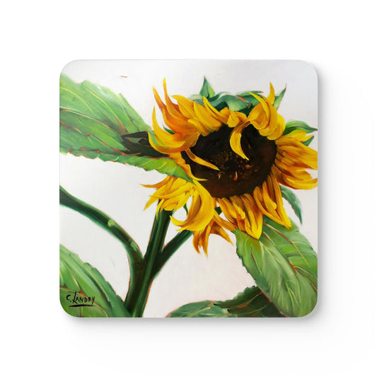 Corkwood Coaster Set with a Sunflower Painting by Artist Carol Landry