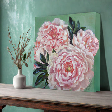 Original Oil Painting of 3 Pink Peonies on a 16"x 16" Wrapped Canvas by Artist Carol Landry