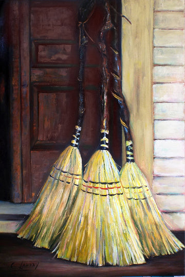 Wall Art on Canvas, 'Three Vintage Brooms', Painted by Artist Carol Landry