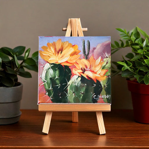 Cactus Painting, Original Oil Painting of Cactus With Two Yellow Blooms by Artist Carol Landry