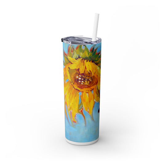 Skinny Tumbler with Straw, 20oz with Sunflower Painting on it by Artist Carol Landry