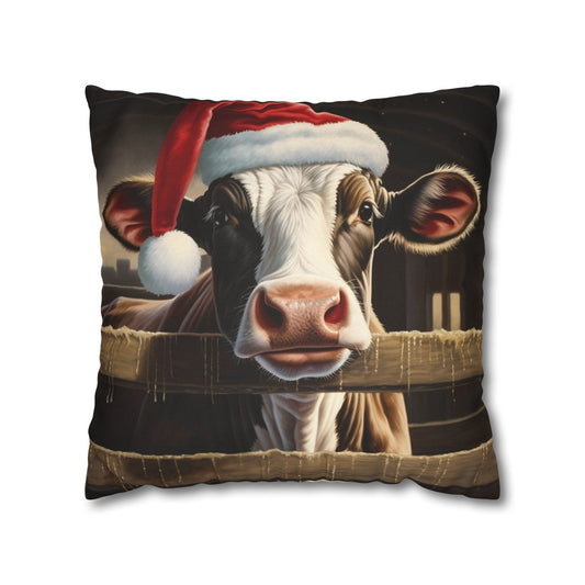 Spun Polyester Square Pillow Case with a Christmas Cow in a Barn