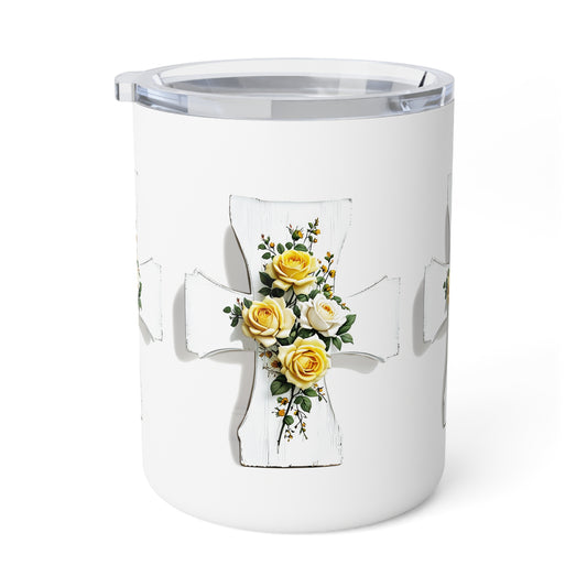 Insulated Coffee Mug, 10oz with Shabby Chic Cross with Yellow Roses Design