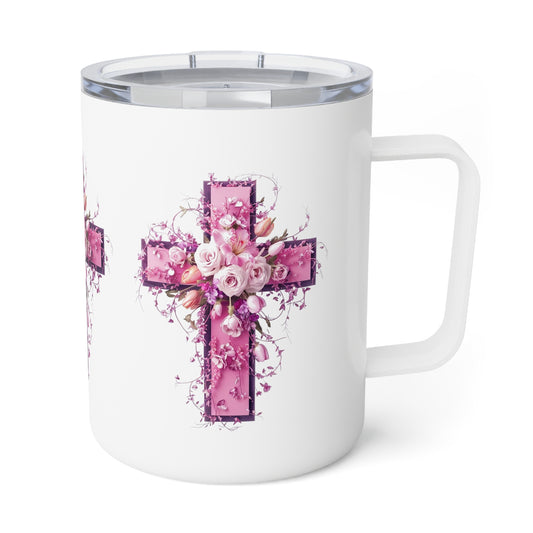 Insulated Coffee Mug, 10oz with Pink Cross and  Pink Roses Design on it