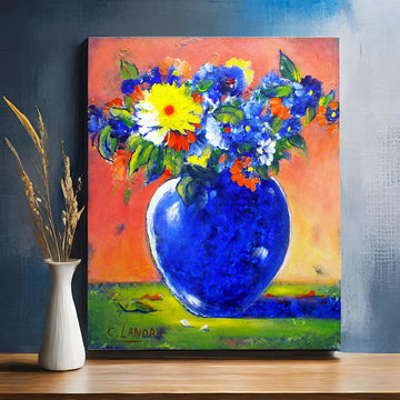 Abstract Blue Vase Floral, Original Acrylic on a Deep Sides Wrapped Canvas by Artist Carol Landry