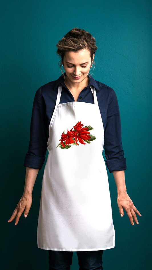 Christmas Pointsettia Apron, Vintage Pointsettia Illustration on a White Chef Unisex Apron.