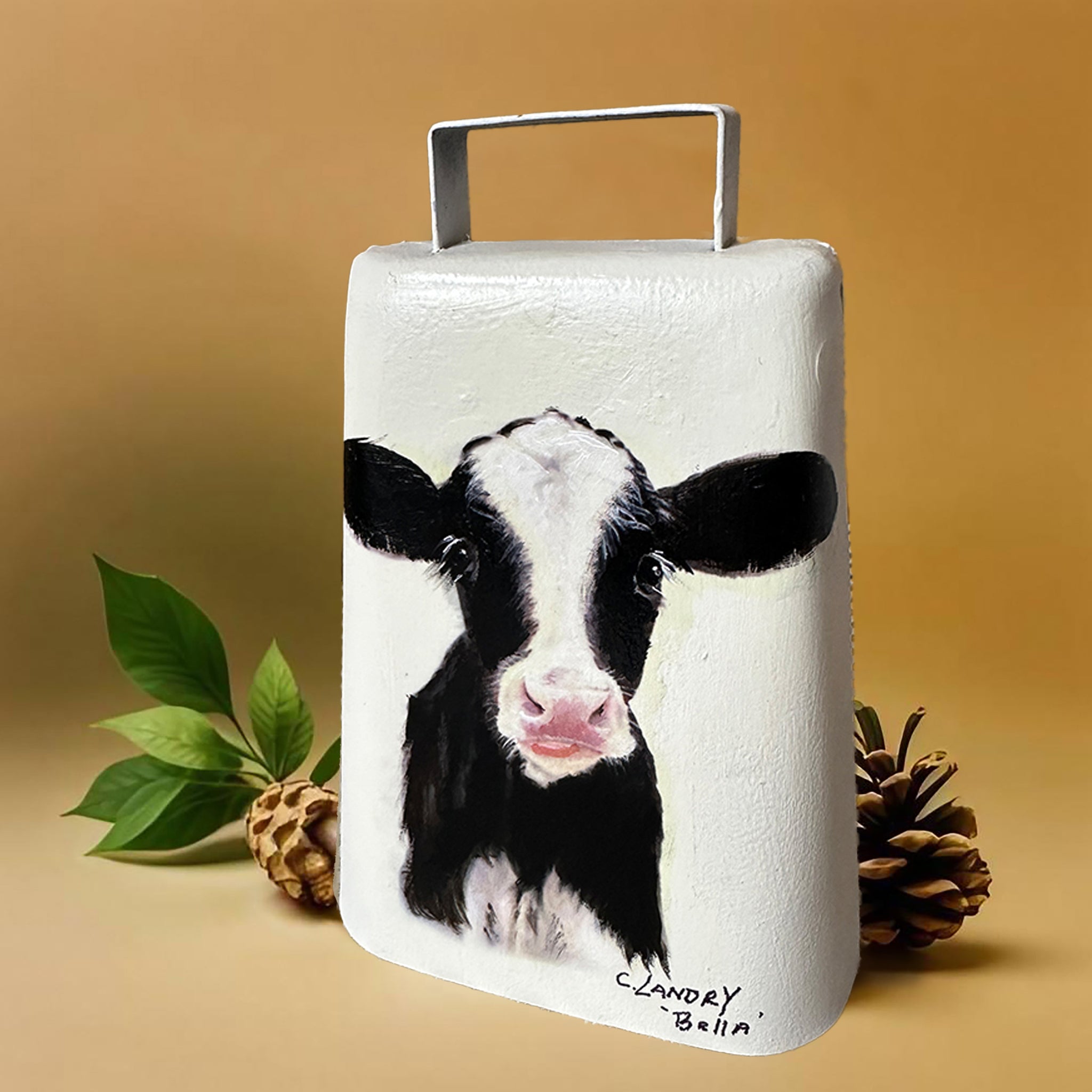 Cowbell Handpainted, 'Bella Cow', by Artist Carol Landry