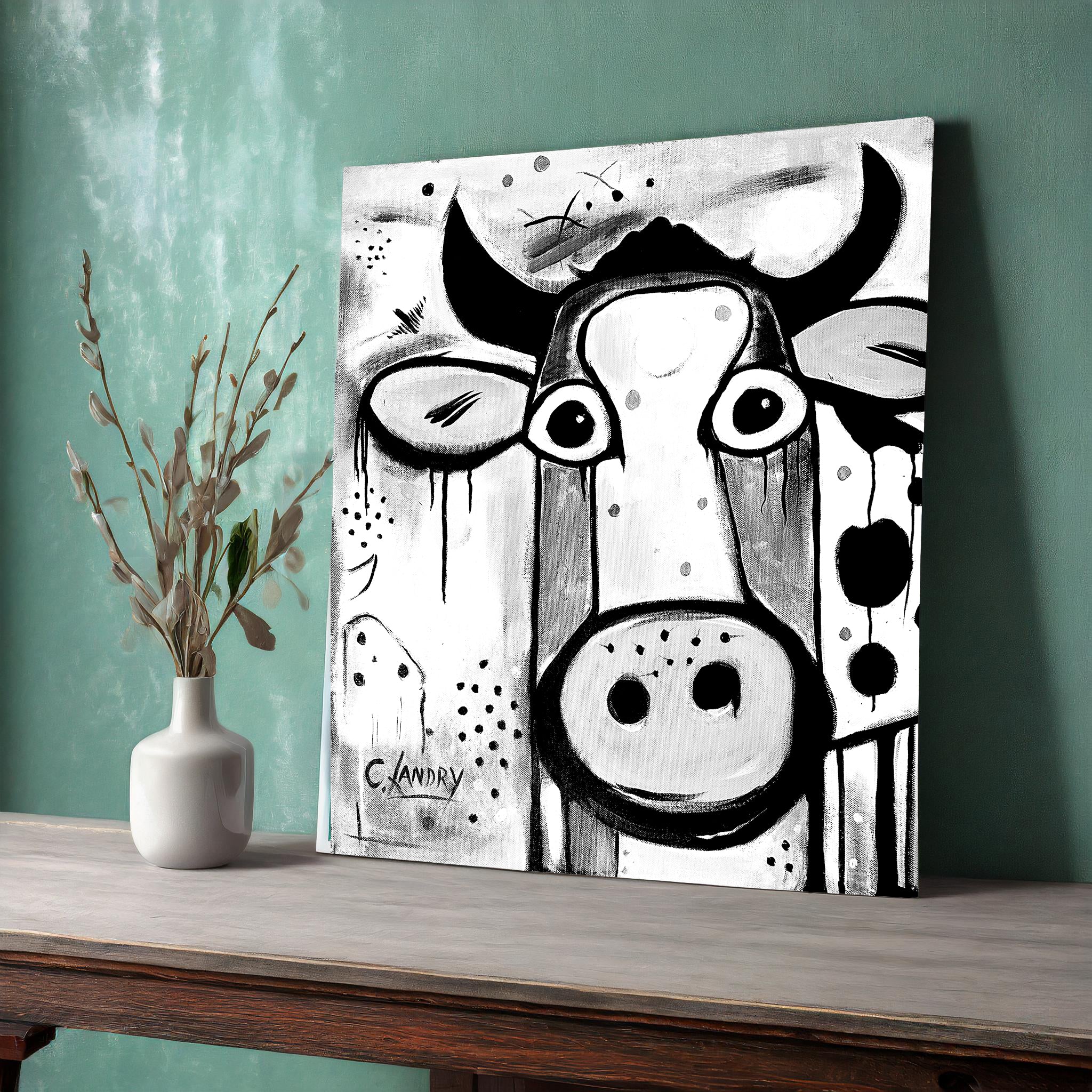 Cow, Abstract Painting on a 20"x 20" Copy Wrapped Canvas by Artist Carol Landry