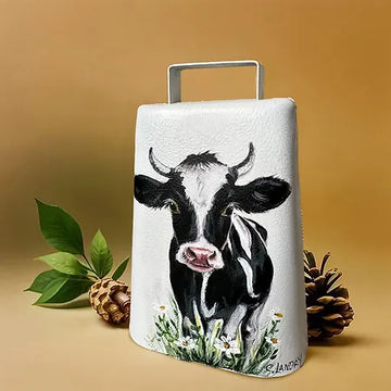 Cowbell Handpainted, One of a Kind by Artist Carol Landry, 'Black & White Cow with Daisies.