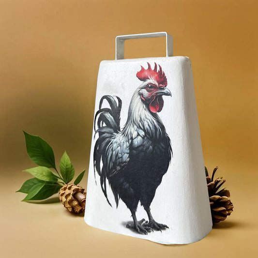 Cowbell Handpainted, 'Black & White Tall Rooster', by Artist Carol Landry. One of a Kind!