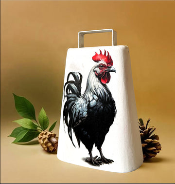 Cowbell, Hand Painted with a Black & White Rooster, 7" high