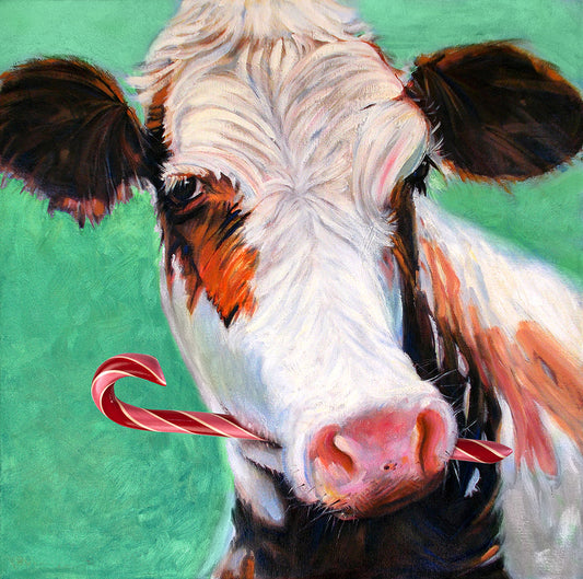 Christmas, Candy Cane Cow Art, Canvas Wall Art, Painted by Artist Carol Landry