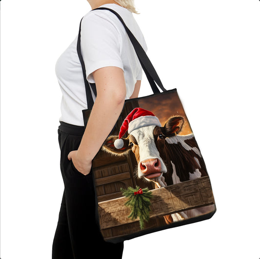 Tote Bag, Christmas Theme, 'Cow in Barn' on a 17