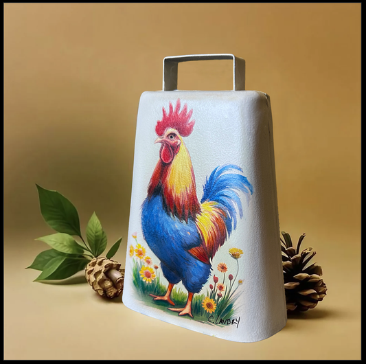 Cowbell Handpainted, 'Rooster in Grass', by Artist Carol Landry. One of a Kind!