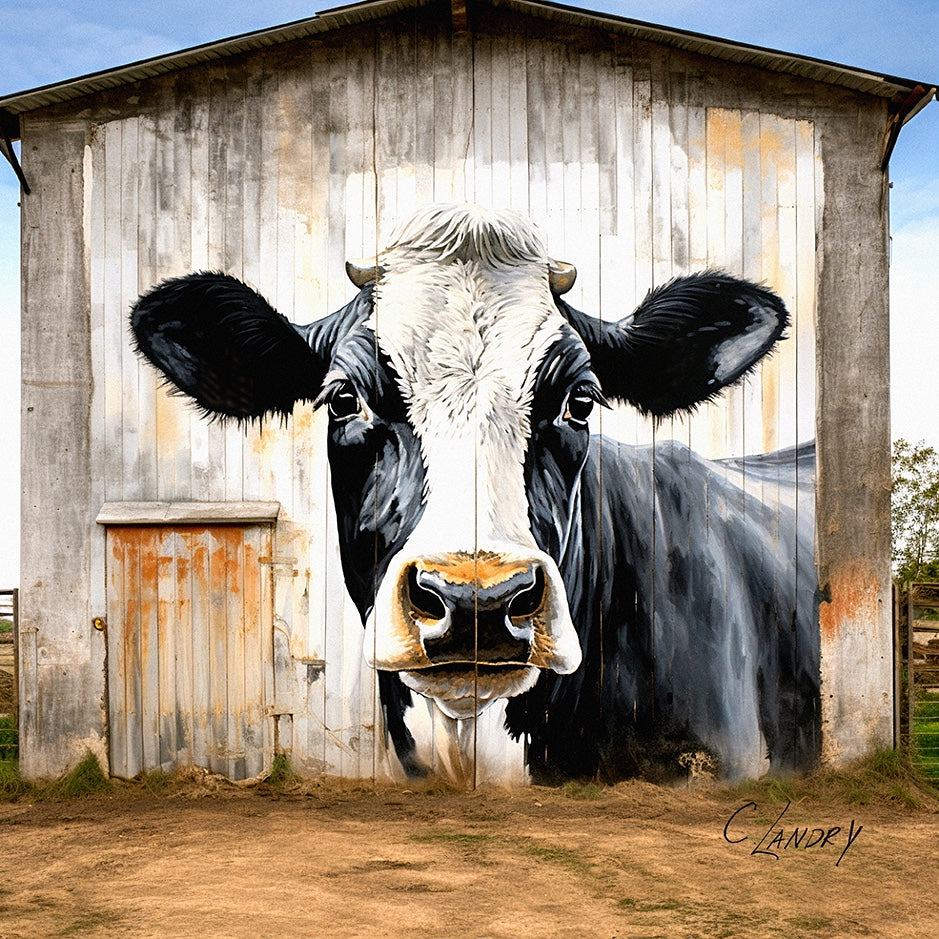 Cow Wall Art, 'Cow Painting on Front of an Old Barn', Digital Art on 8"x 8" Wrapped Canvas