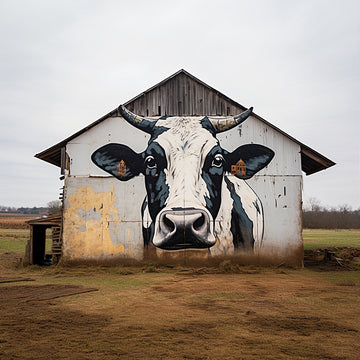 Cow Wall Art, 'Cow Painting on Front of a Barn', Digital Farmhouse Art, 12"x 12" Canvas