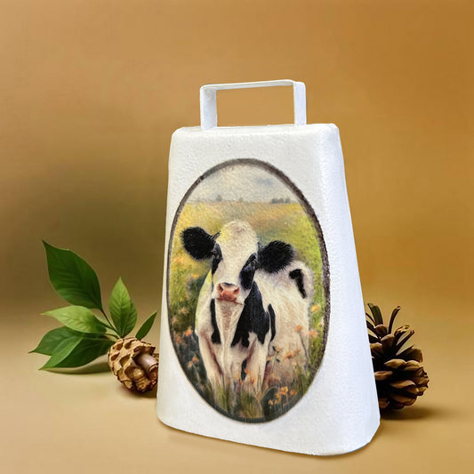 Cowbell Handpainted, 'Cowbell Oval, Cow with Daisies', by Artist Carol Landry. One of a KInd!