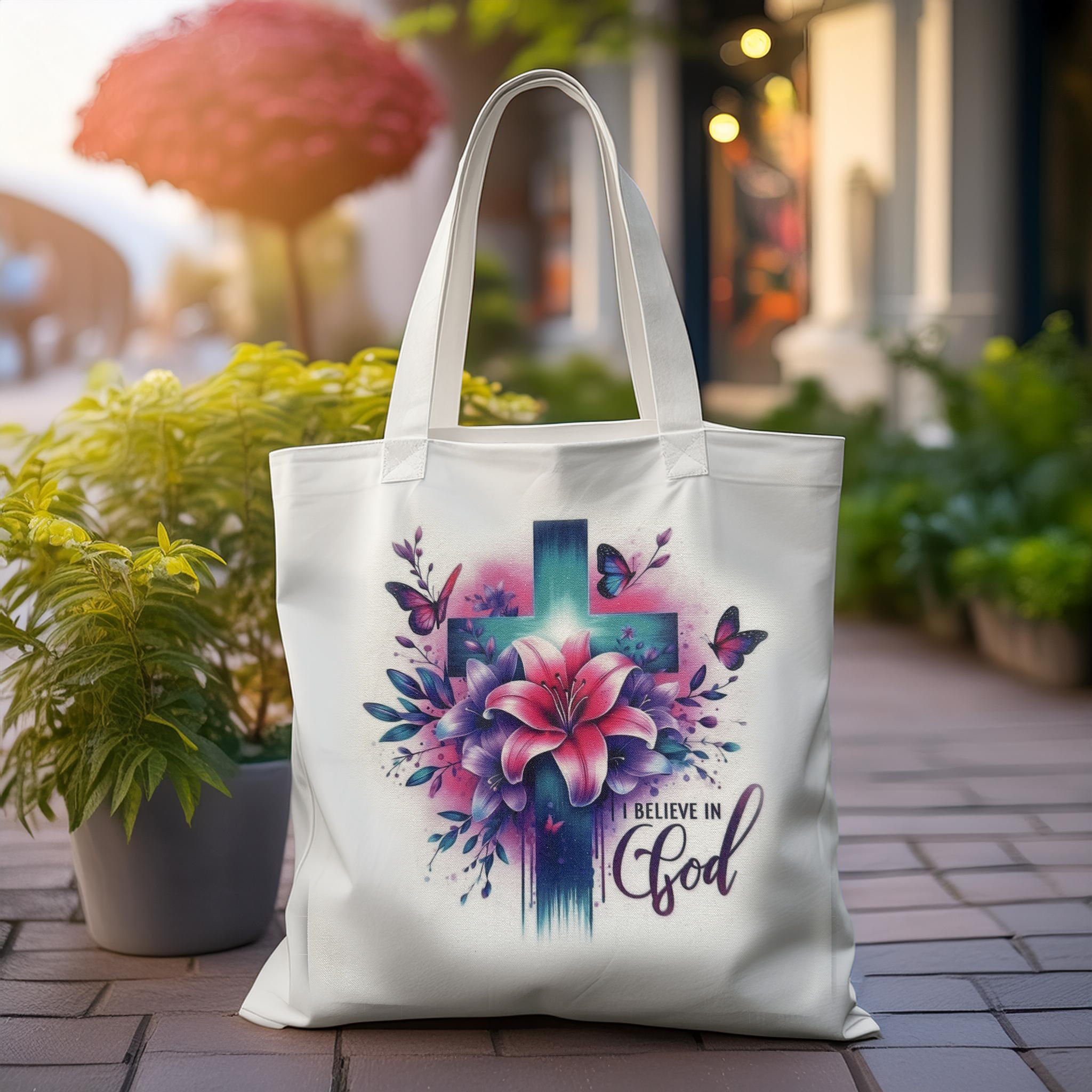 Tote Bag, Blue Cross Tote Bag, 13"x 15", White Digital Design with a Pink Lilly.