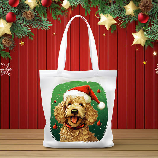 Tote Bag, Christmas Doodle Dog with Santa Hat on a 13