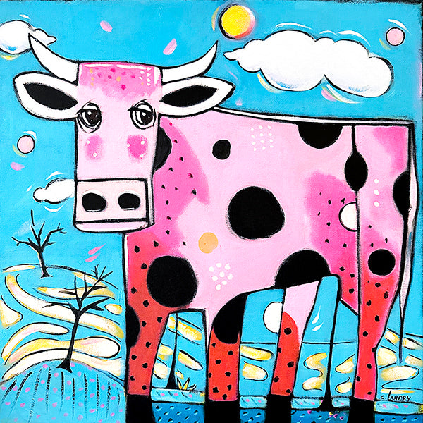 Abstract Cow Art, 'Strawberry Milk Cow', by Artist Carol Landry, 8"x 8" Copy on a Wrapped Canvas