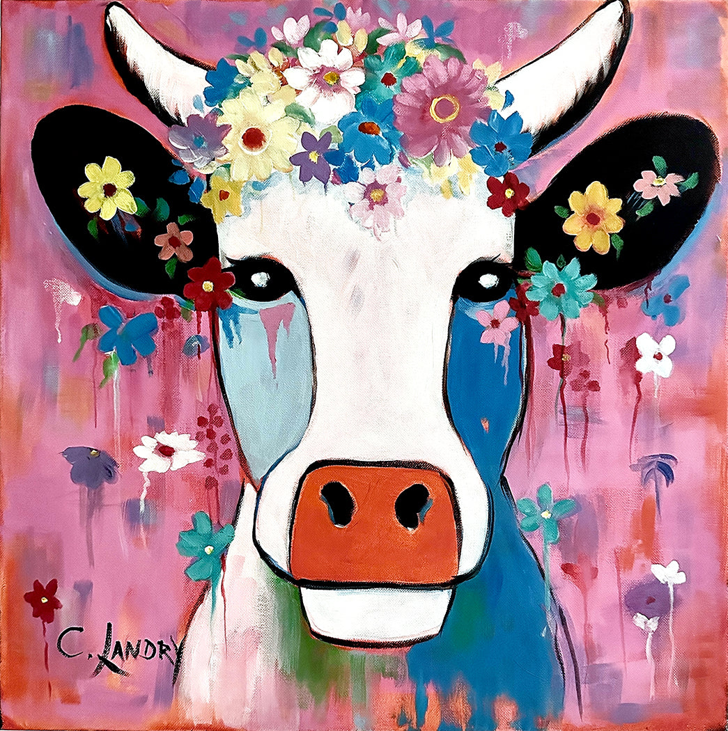 Cow Painting, 'Dreams of Flowers Cow', by Artist Carol Landry, 8"x 8" on a Wrapped Canvas