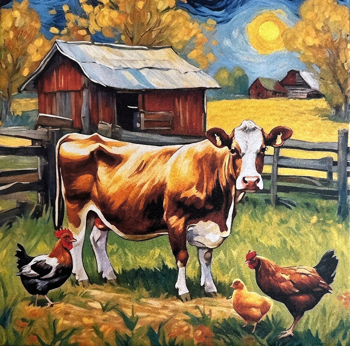 Farm Scene, Cow & Chickens, Digital Wall Art, Copy on a 12"x 12" Wrapped Canvas