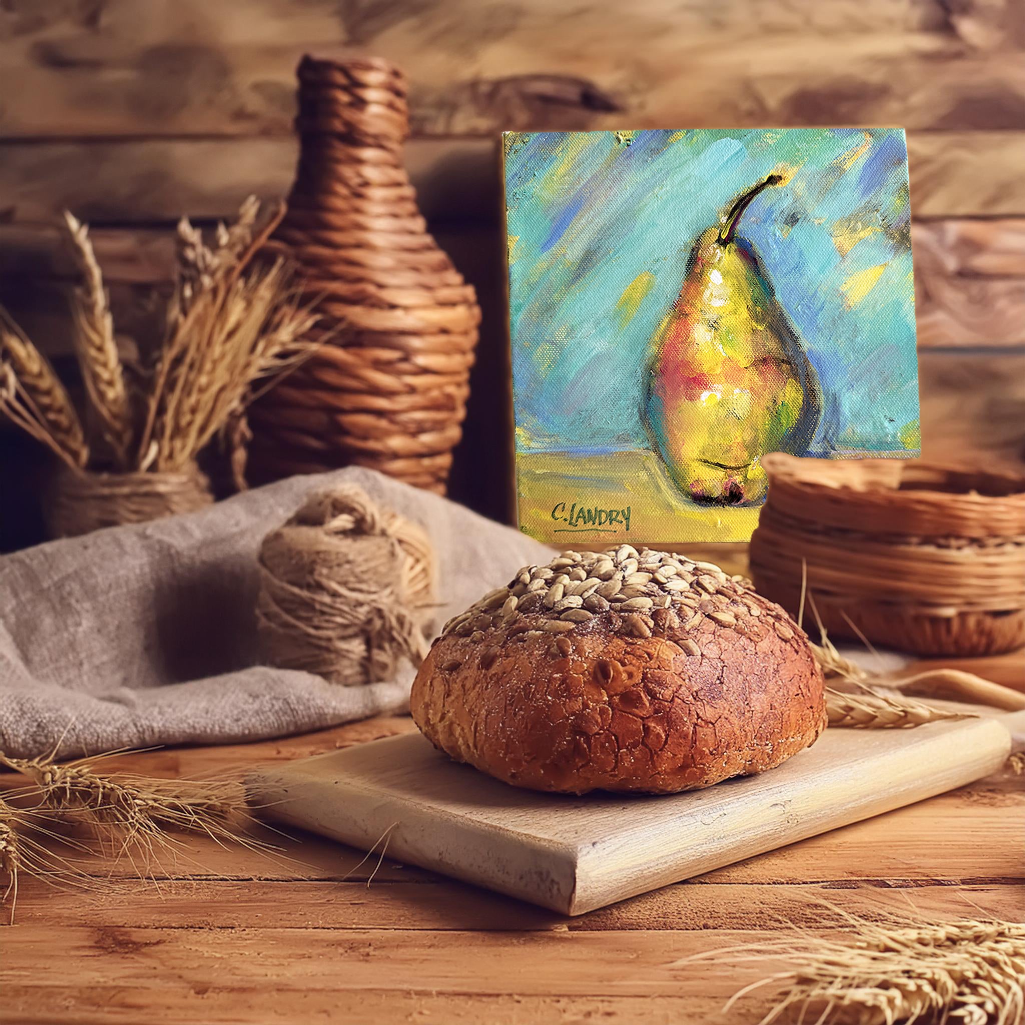 Wall Art, Kitchen Wall Art, 'Juicy Yellow Pear', 8"x 8" Copy on Canvas by Artist Carol Landry